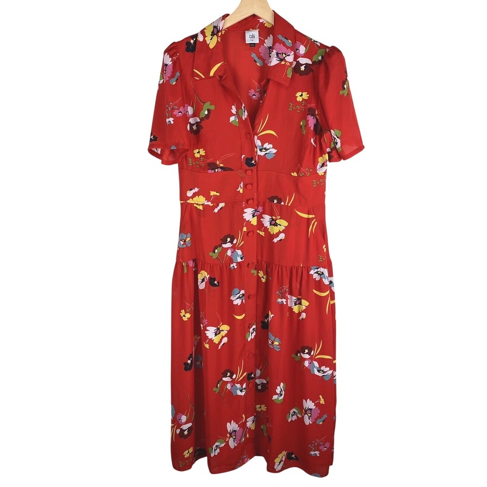 CAbi Afternoon Floral Print Button Up Down Flowy Midi Dress 6218 Red Size Medium